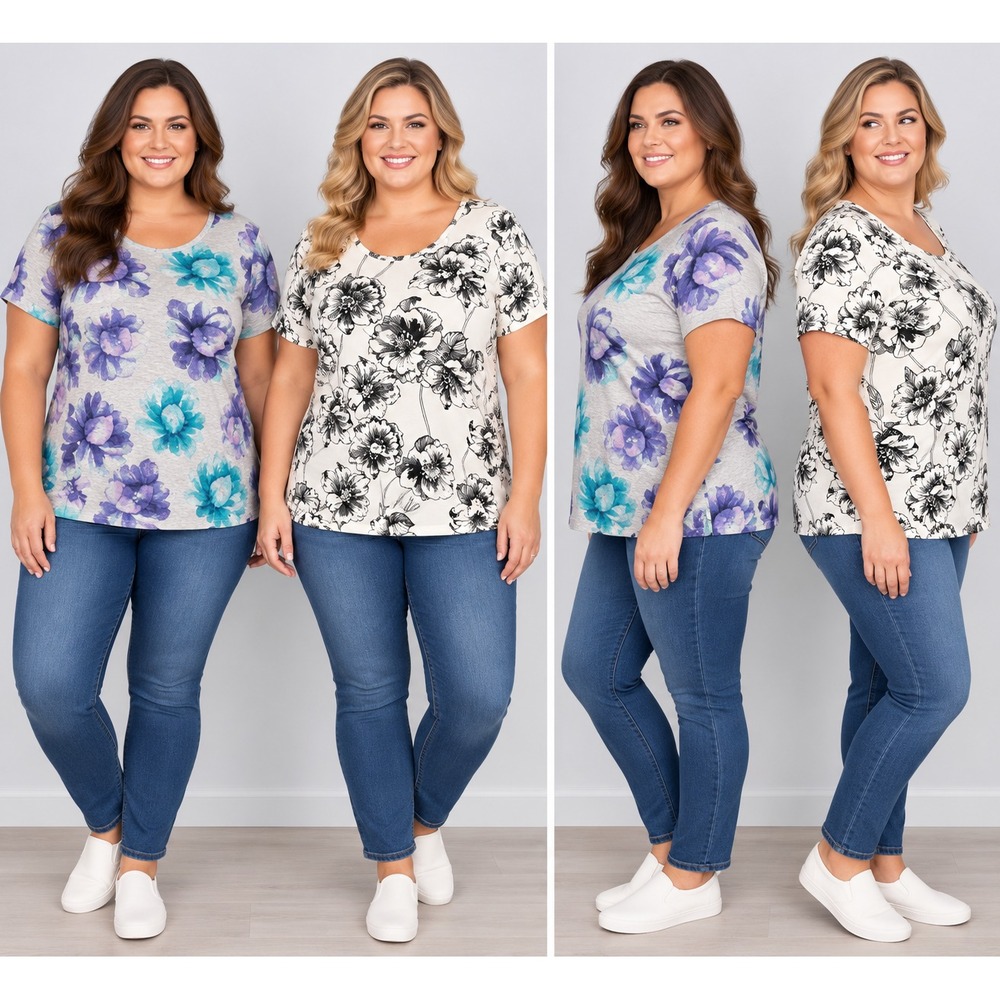 Croft Barrow Shirt Lot 2 Women 2X Plus White Black Gray Teal Floral Short Sleeve
